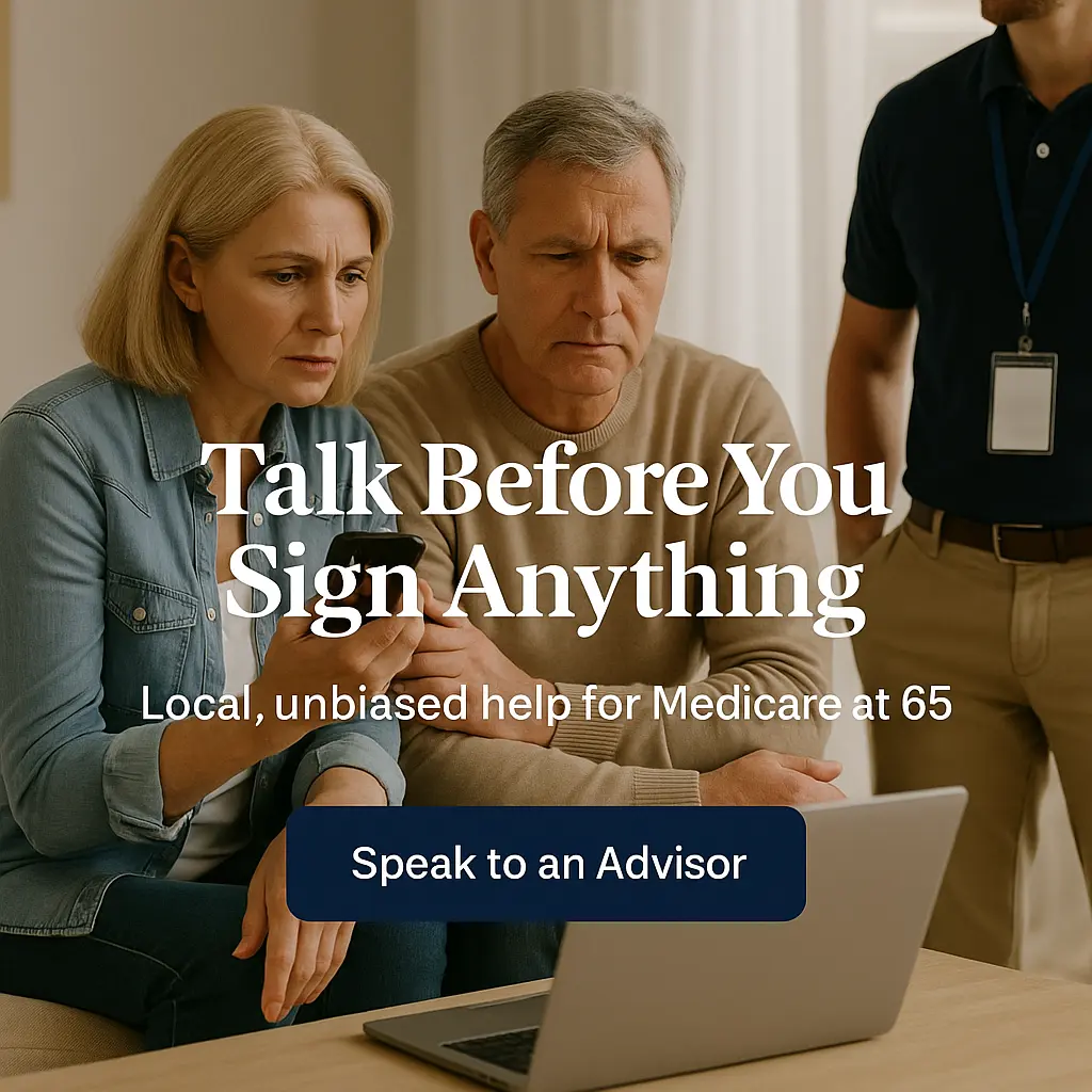 Senior couple on phone with advisor while viewing laptop quotes