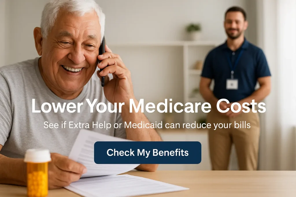 Smiling senior on phone getting Medicare cost help from local advisor