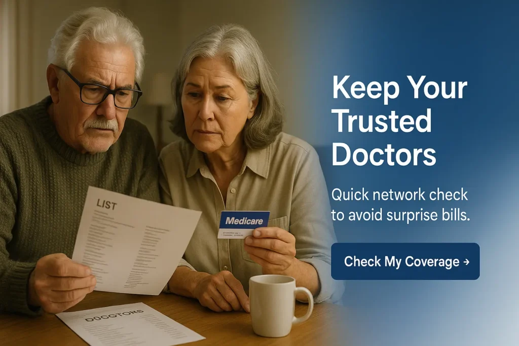 "Senior couple checking Medicare plan against their doctor list"