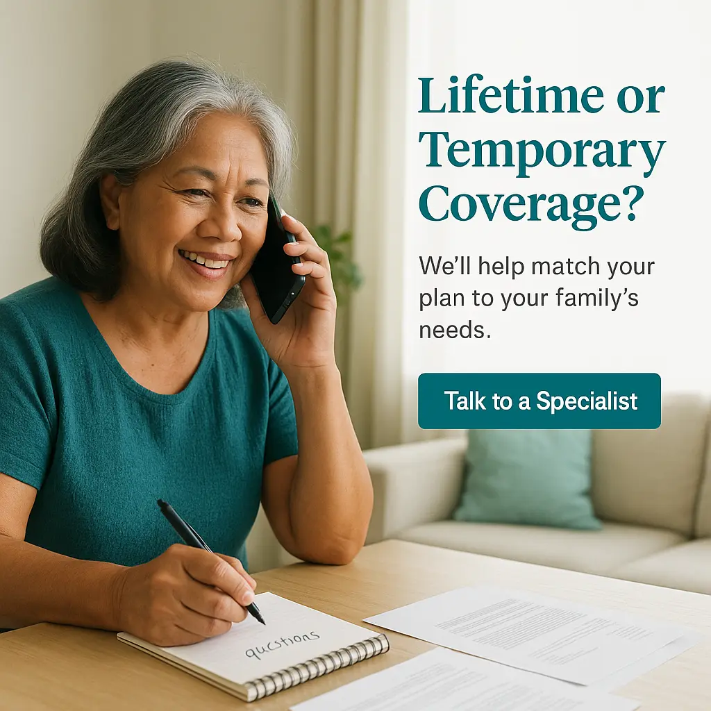 Senior woman on the phone at home, calm and smiling, discussing lifetime vs temporary coverage.”