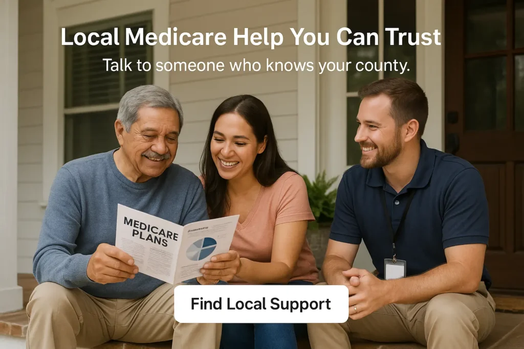 Senior man with daughter and local advisor reviewing Medicare brochures on porch