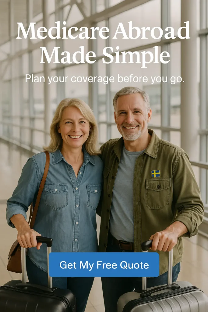 Senior couple at airport preparing for retirement abroad with Medicare coverage