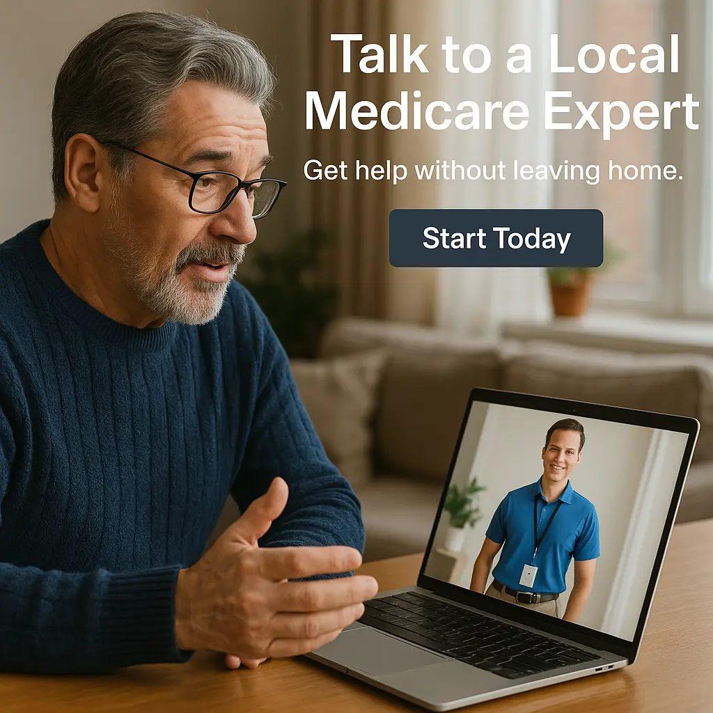 Senior video calling insurance advisor about Medicare abroad coverage