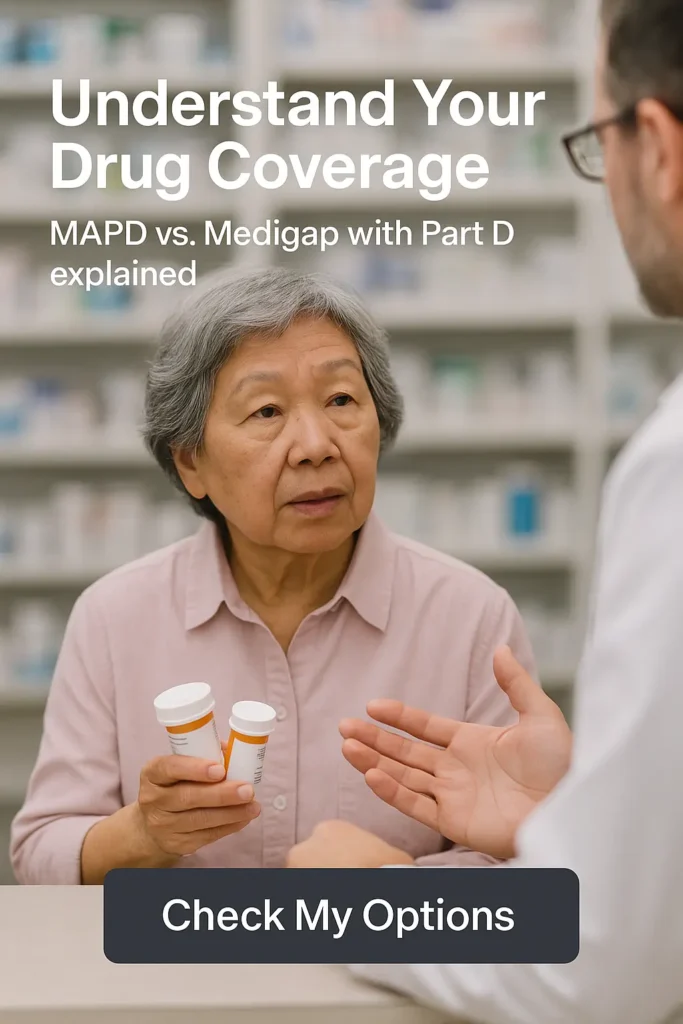 Senior woman reviewing prescription drug coverage with advisor