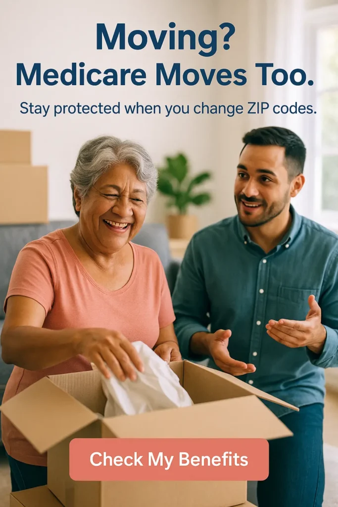Senior woman moving homes and reviewing Medicare coverage with advisor