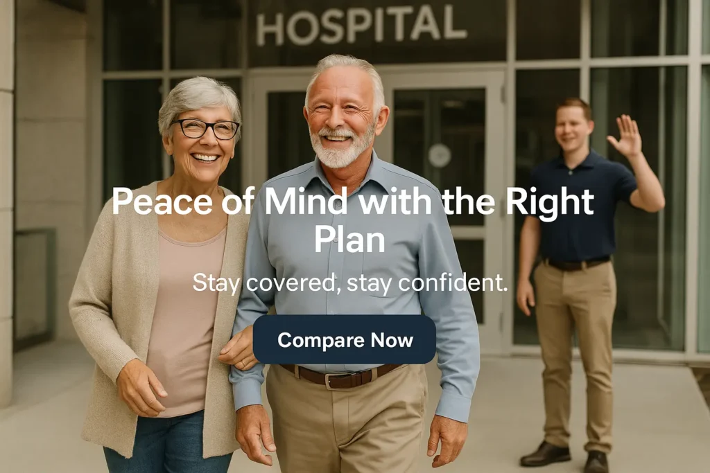Senior couple leaving hospital after Medicare coverage review with advisor