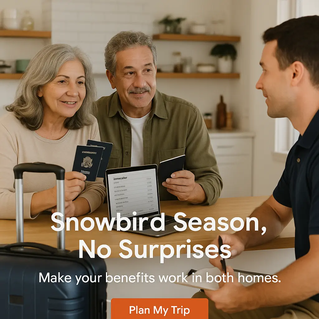 Snowbird couple planning winter travel and Medicare coverage