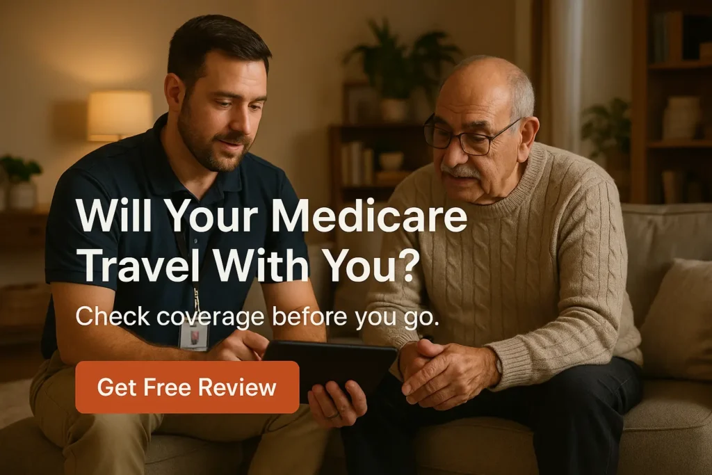 Advisor helping a senior confirm Medicare travel coverage