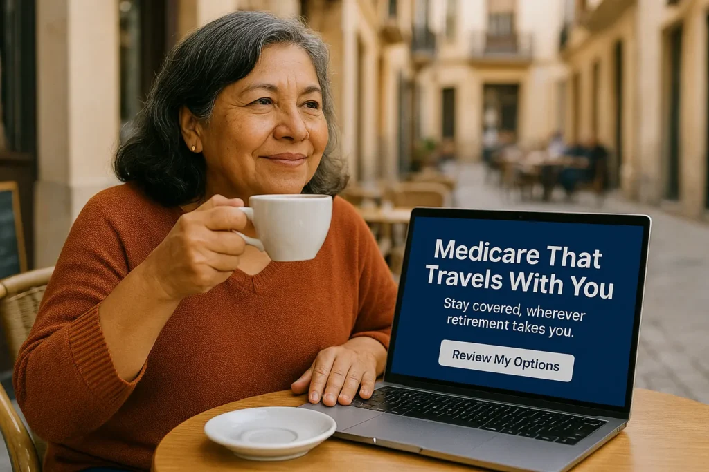 Senior woman researching Medicare abroad coverage at café overseas