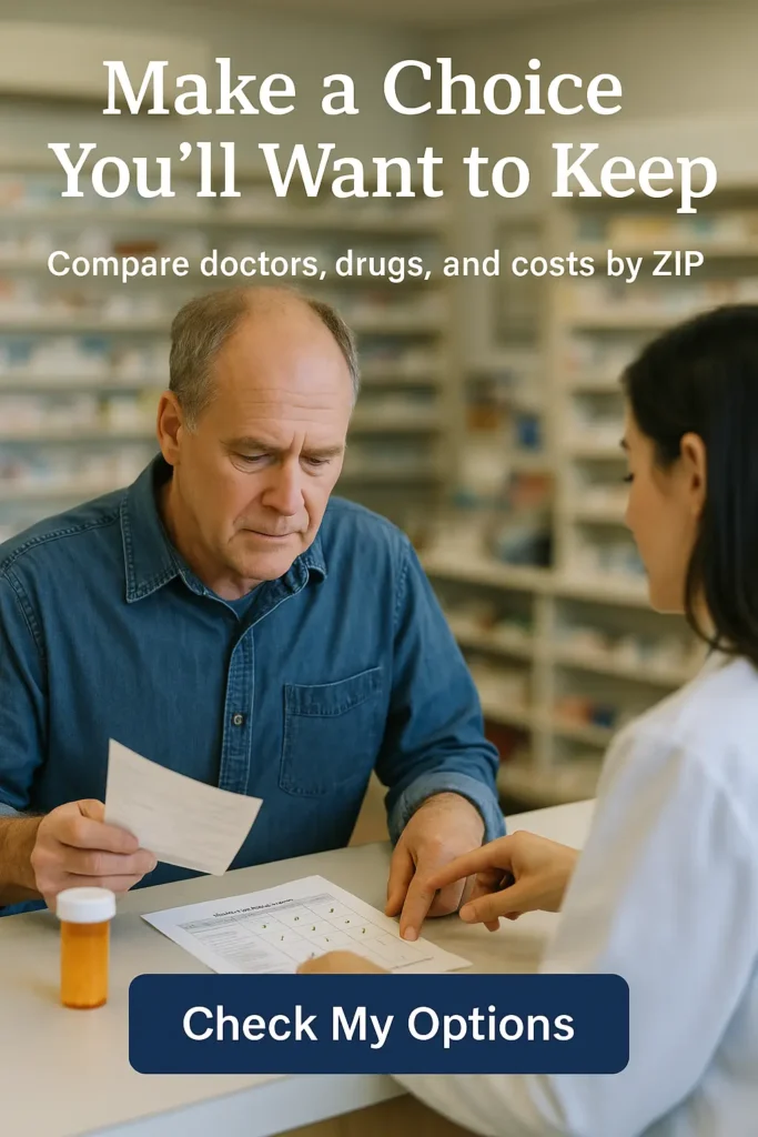 Senior man comparing plan summaries with pharmacist at counter
