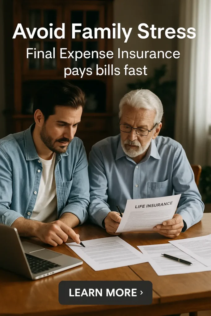 Adult son reviewing funeral insurance options with elderly father at home.