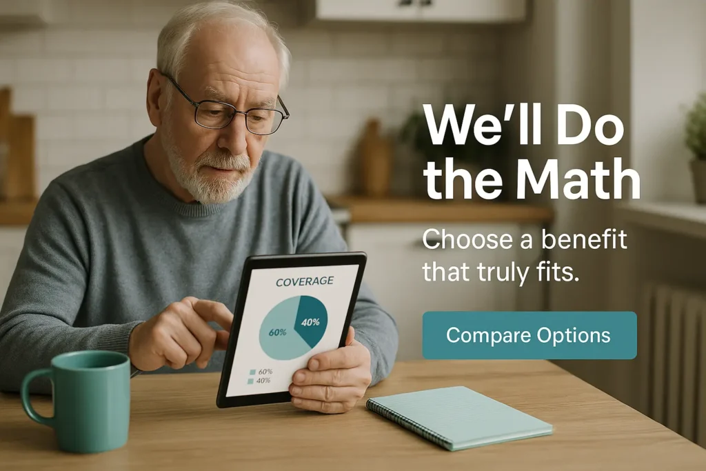 Senior man reviewing simple cost chart for final expense insurance on a tablet
