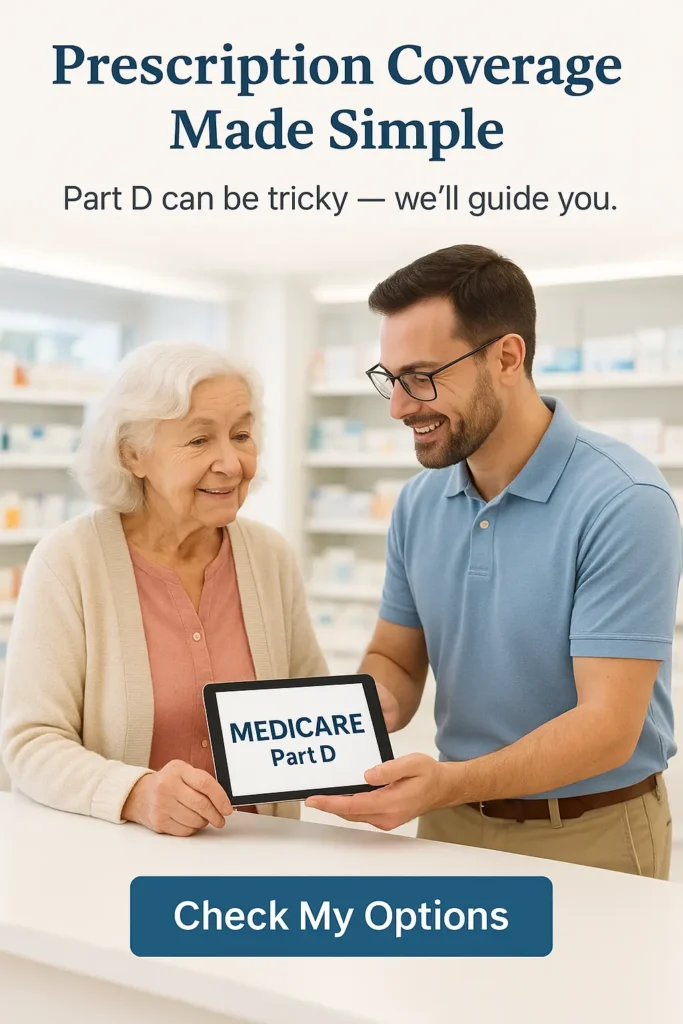 “Senior woman reviewing Medicare Part D prescription options with advisor”