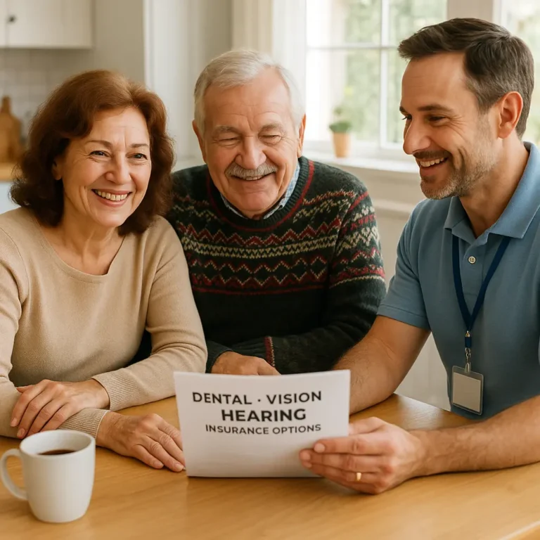 Senior couple reviewing DVH coverage costs with a friendly insurance advisor at home