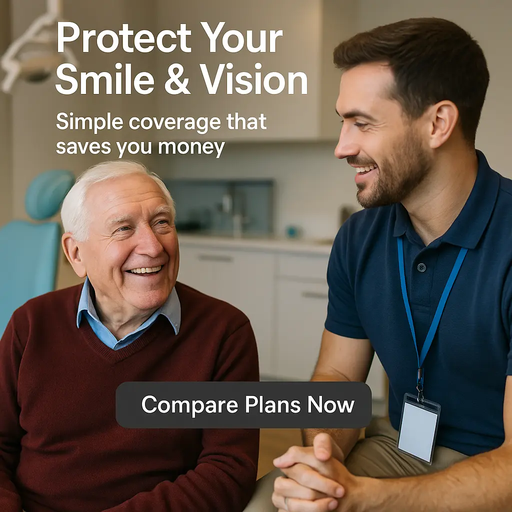 Senior man at dental clinic reviewing DVH coverage with advisor