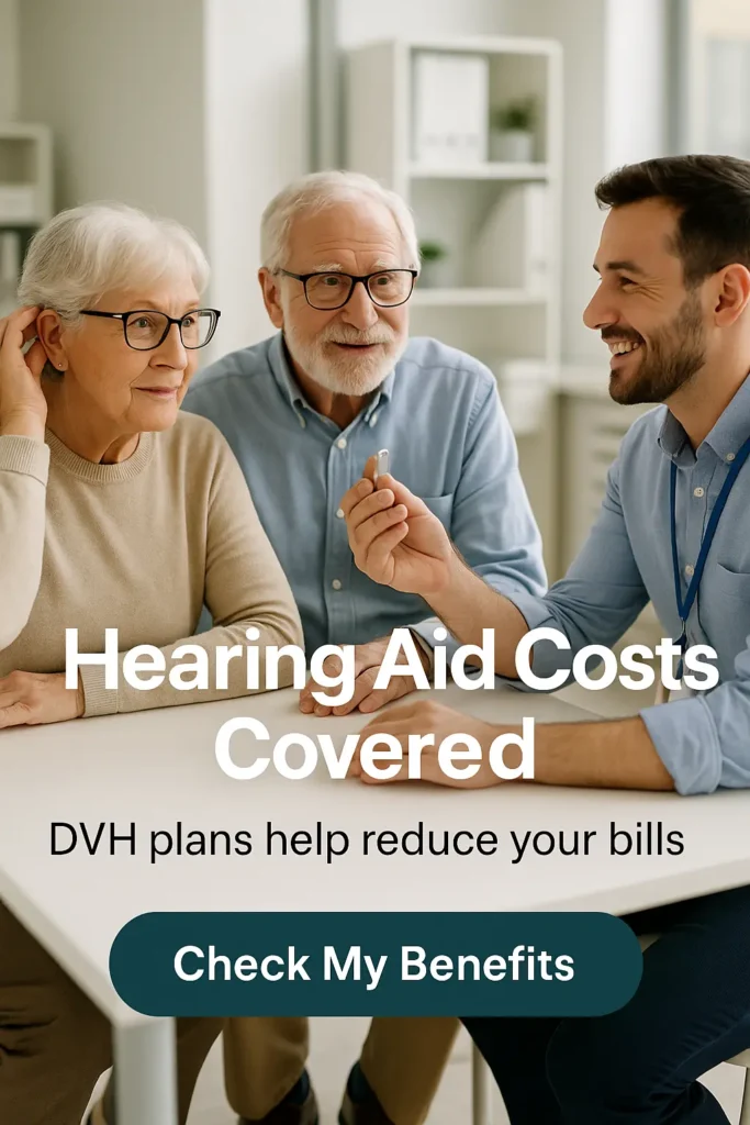 Senior couple testing hearing aids while reviewing DVH coverage options