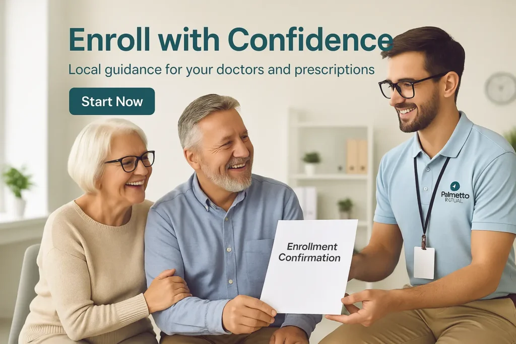 Senior couple smiling after choosing a Medicare plan with Palmetto Mutual.