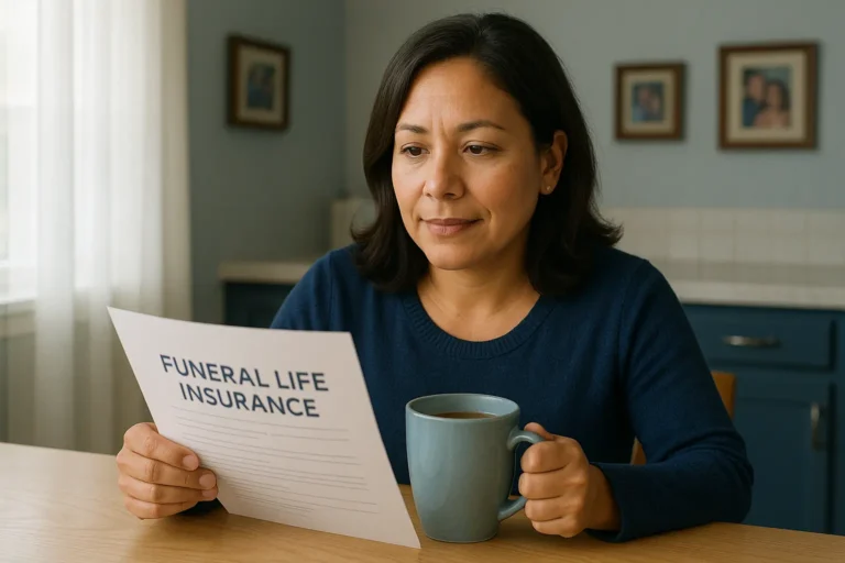 Senior woman at kitchen table reviewing Final Expense Life Insurance paperwork, feeling calm and secure