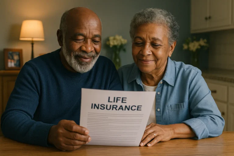 Senior couple reviewing final expense life insurance paperwork at home with peace of mind