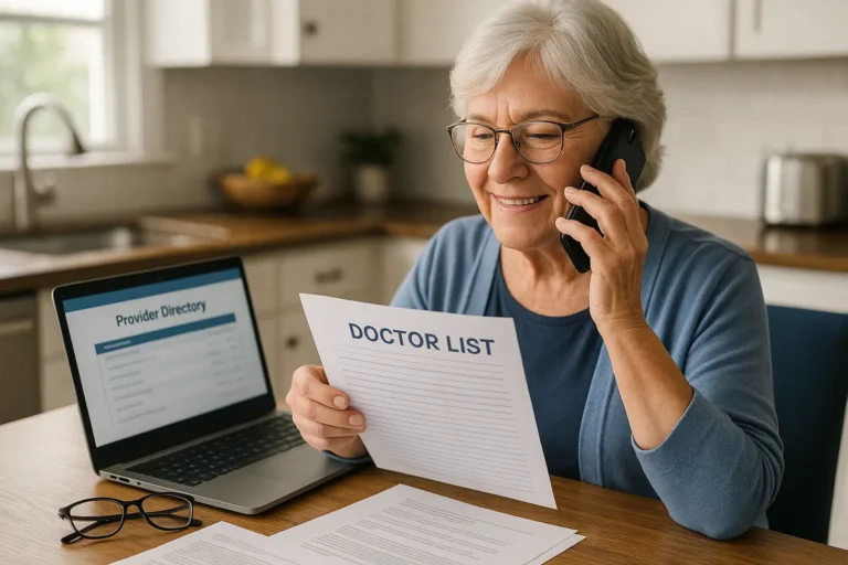 "Senior confirming her Medicare doctor network in North Myrtle Beach over the phone"