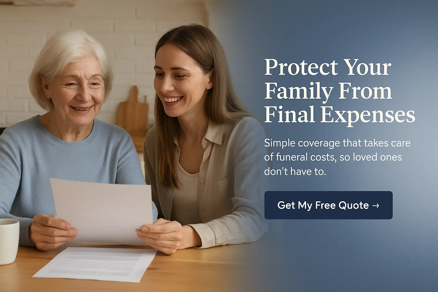 "Smiling senior woman reviewing paperwork with her daughter at a kitchen table, featured in a final expense insurance CTA banner with text offering free quotes."