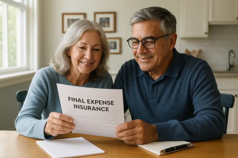“Senior couple reviewing final expense insurance at their kitchen table, feeling relieved”
