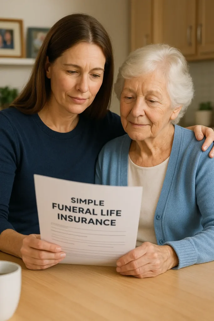 Daughter helping her elderly mother review final expense life insurance papers at a kitchen table.
