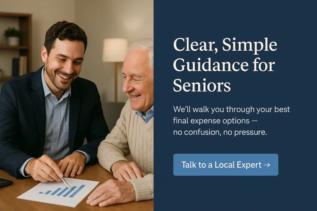 Insurance advisor helping a senior man review simple final expense options with clear guidance, banner design with headline and call-to-action button