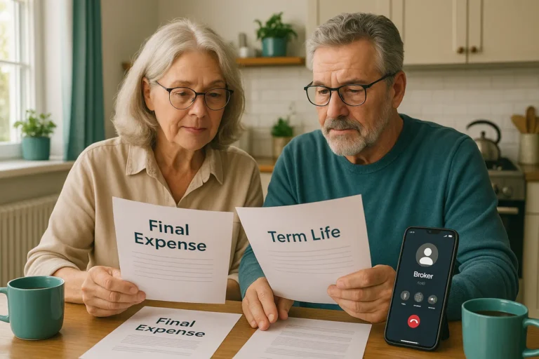 Senior couple reviewing Final Expense vs Term Life options on a kitchen table with a friendly Palmetto Mutual phone consult.