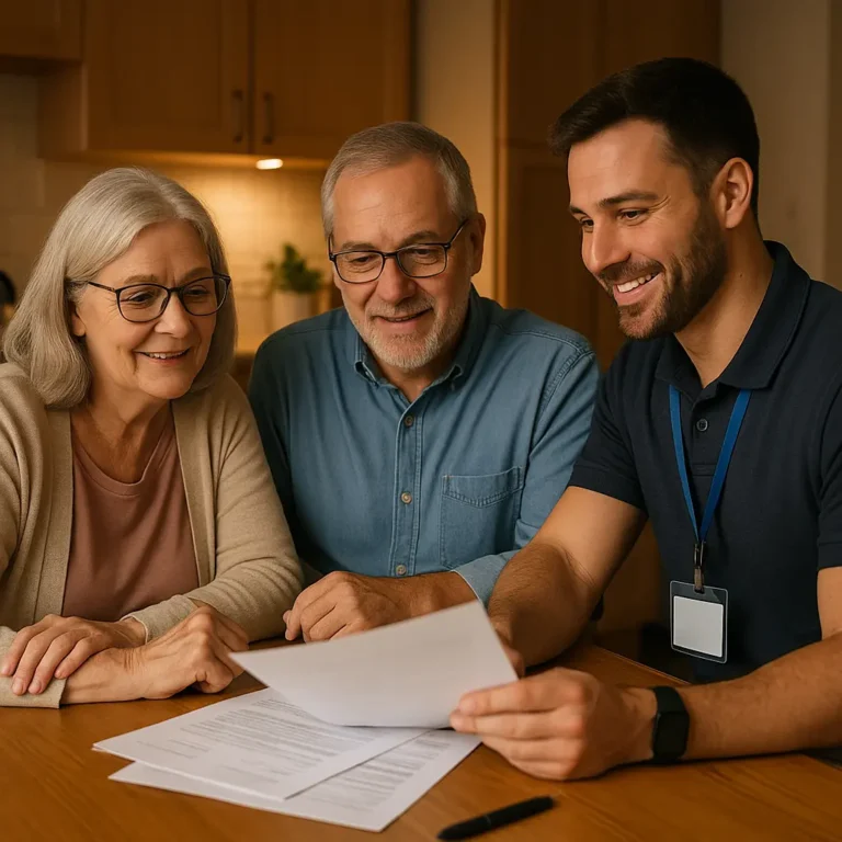 Senior couple reviewing guaranteed issue life insurance options with a friendly advisor.