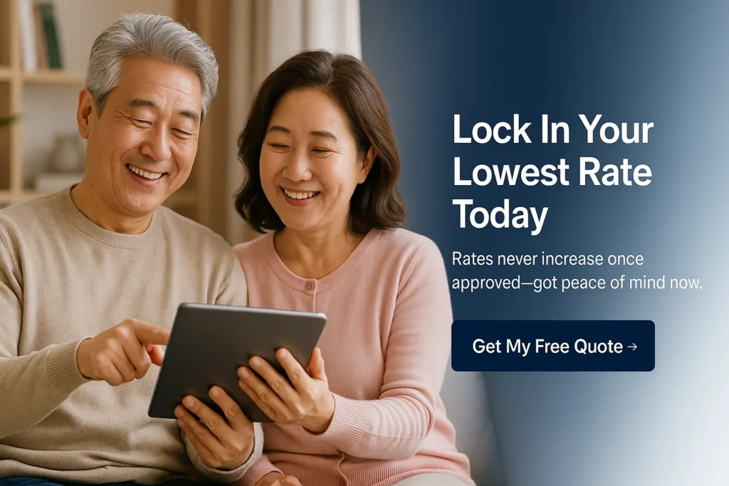 “Smiling senior couple on a sofa reviewing affordable burial insurance quotes”