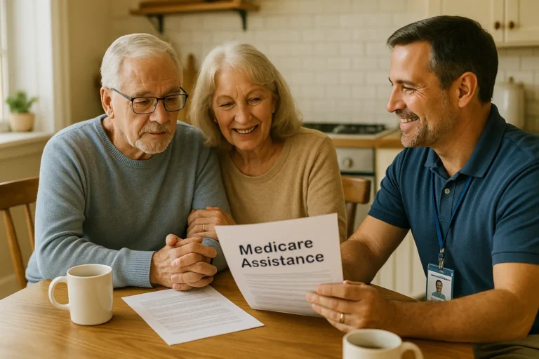 Senior couple meeting with advisor to review low-income Medicare help options in 2025