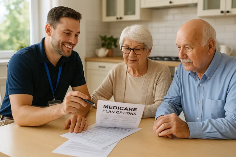 Senior couple reviewing Medicare plan options with advisor at kitchen table.