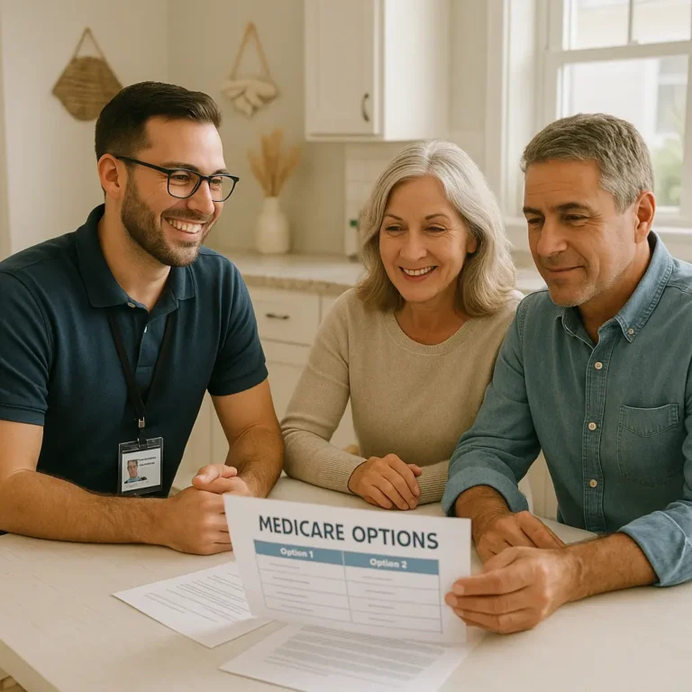 Senior couple reviewing MAPD vs. Medigap options with a Palmetto Mutual broker