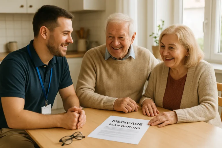 Senior couple reviewing Medicare coverage with local advisor at kitchen table
