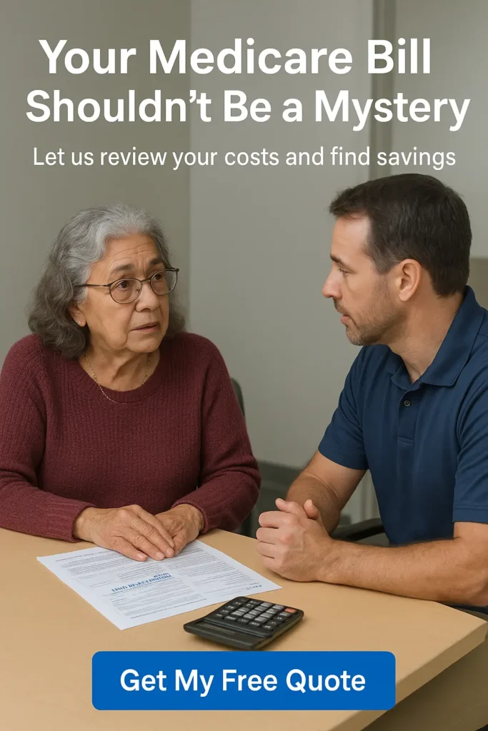 Senior woman meeting with local Medicare advisor to review monthly costs.