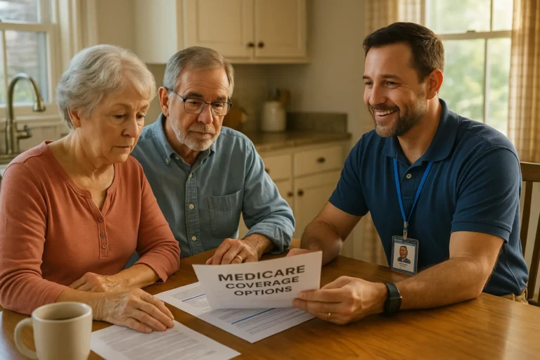 Senior couple reviewing Medicare 2025 coverage with local advisor at kitchen table