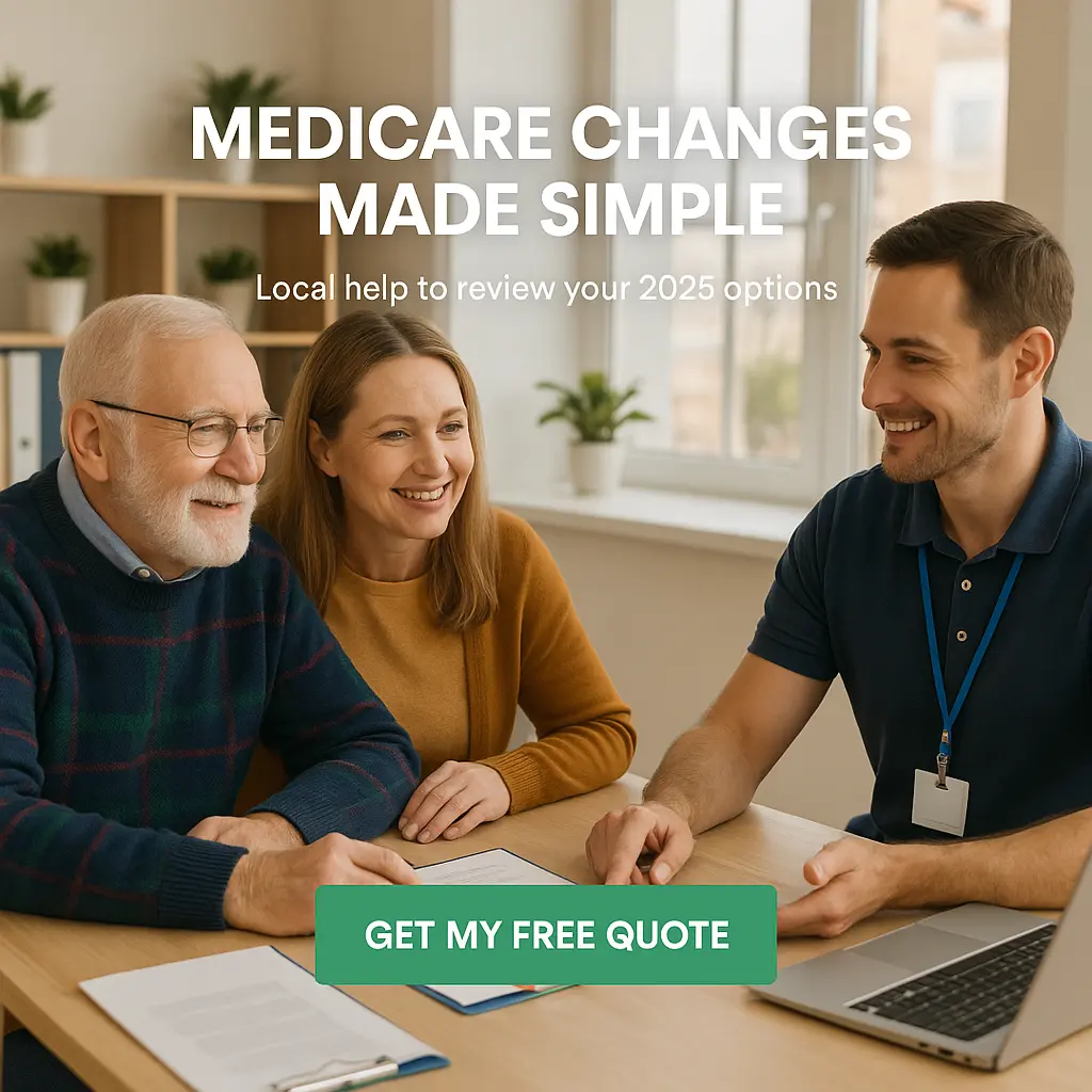 Senior man with daughter reviewing Medicare coverage with advisor