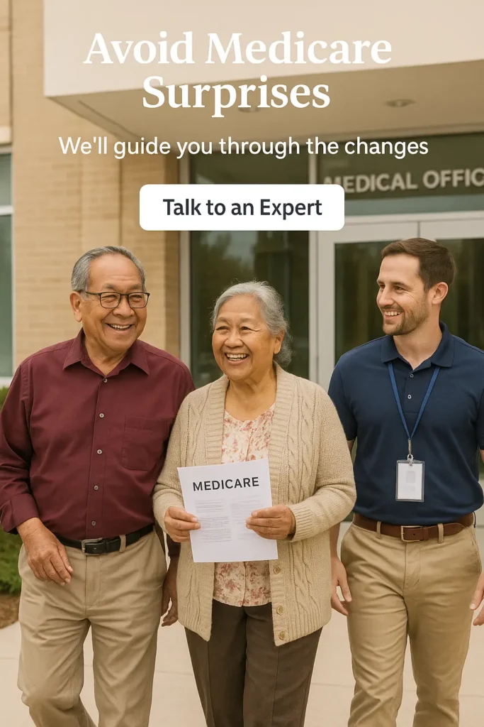 Senior couple leaving doctor’s office after Medicare review with advisor