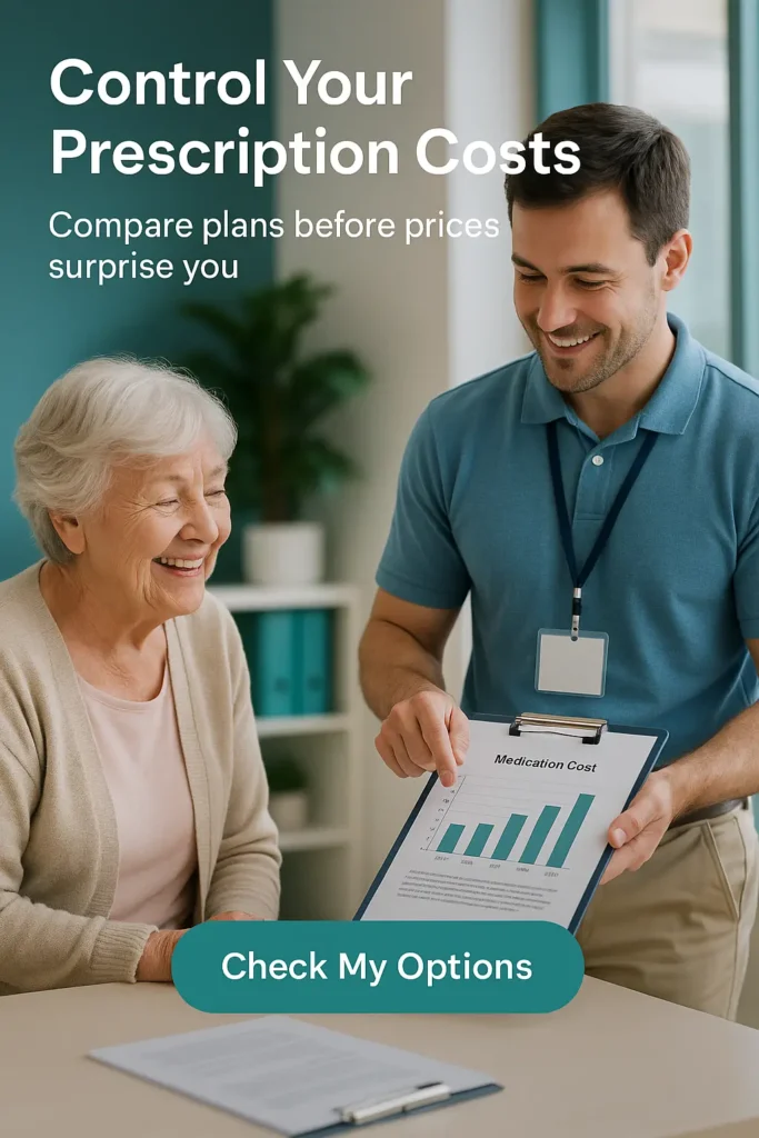 Senior reviewing medication cost chart with local Medicare agent
