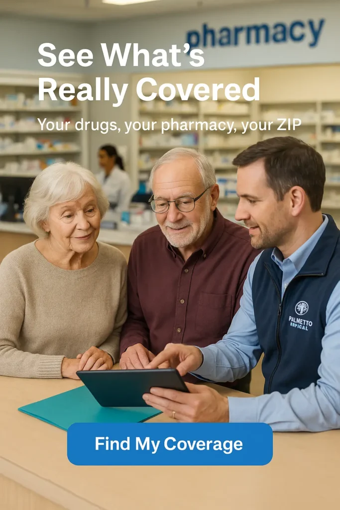 Senior couple with advisor at pharmacy checking Medicare Part D coverage