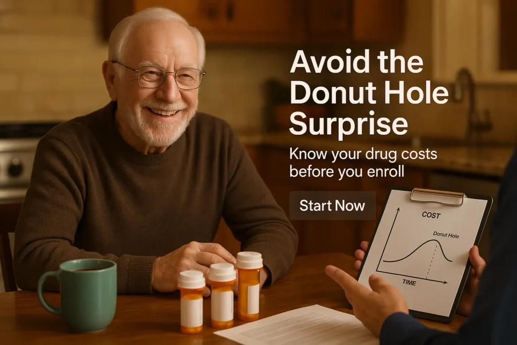 Senior and advisor reviewing prescription cost breakdown at home