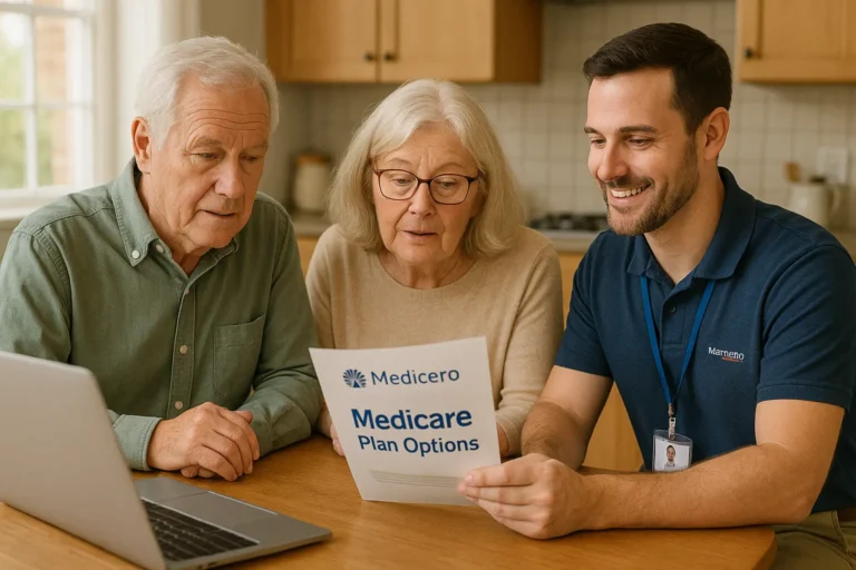 Seniors in North Myrtle Beach getting Medicare enrollment help from a Palmetto Mutual broker.