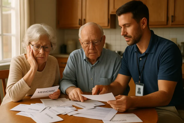 Senior couple sorting Medicare mail with advisor explaining important documents