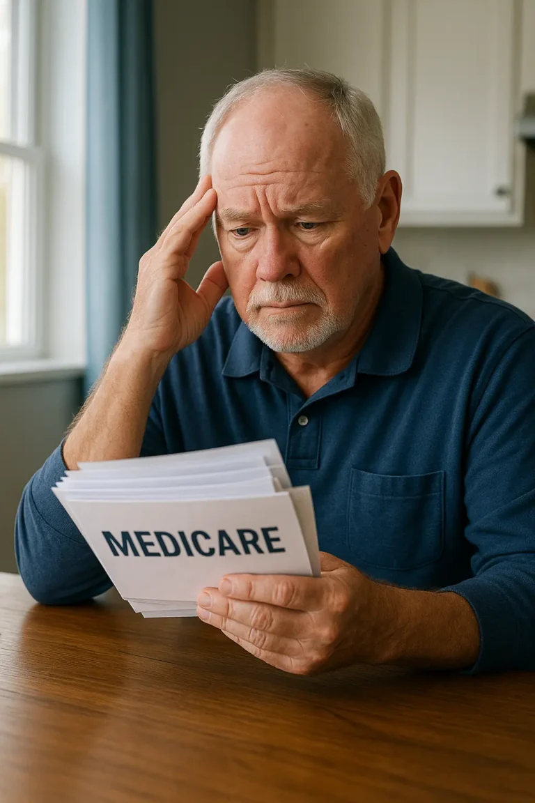 Senior in South Carolina sorting through piles of Medicare mail at kitchen table”