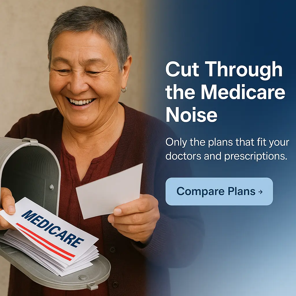 Senior woman sorting junk Medicare mail at home mailbox”