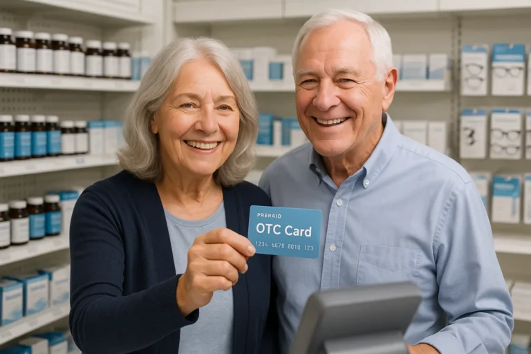 Senior couple using Medicare OTC card for 2025 pharmacy benefits