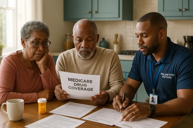 Senior couple with Palmetto Mutual agent reviewing Medicare drug costs at home