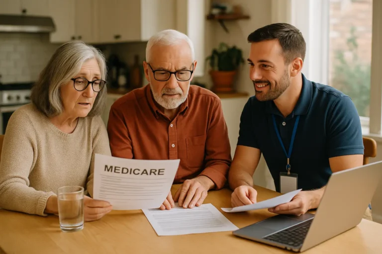 Senior couple reviewing Medicare options with advisor at kitchen table