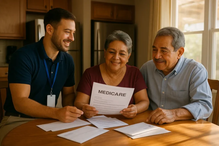 Senior couple reviewing Medicare mail with local advisor at kitchen table in South Carolina